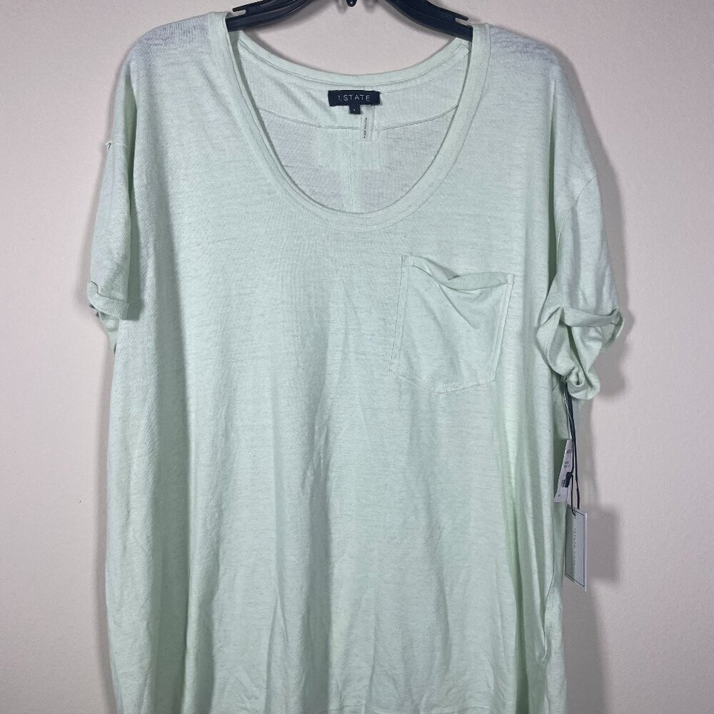 NWT! 1 State Women Light Green Linen Blend Pocket Tee Shirt L Casual Lightweigt